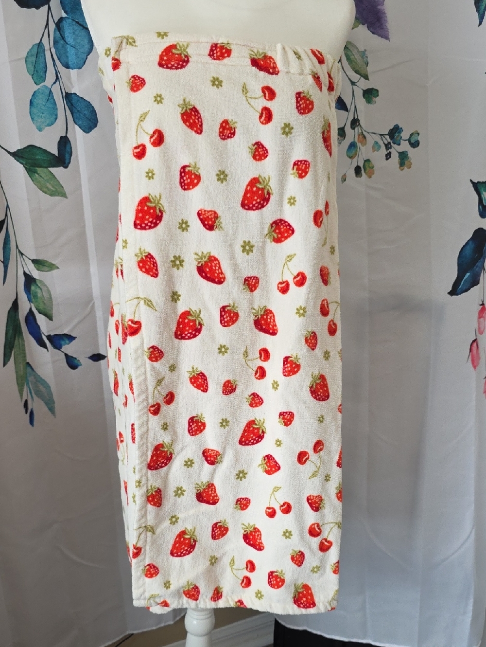 Strawberry Print Towel Wrap Dress - Cream with Red Fruit Print